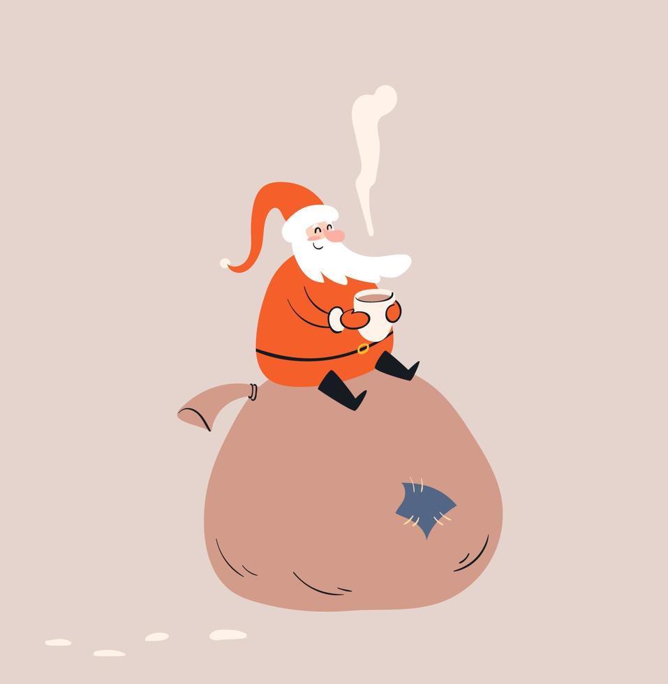 dibujos animados gordo santa claus sentado con una taza de bebida caliente en sus manos. Papá Noel sonriente en una gran bolsa de regalos con un parche. historia de garabatos coloridos dibujados a mano. ilustración aislada de material vectorial. vector