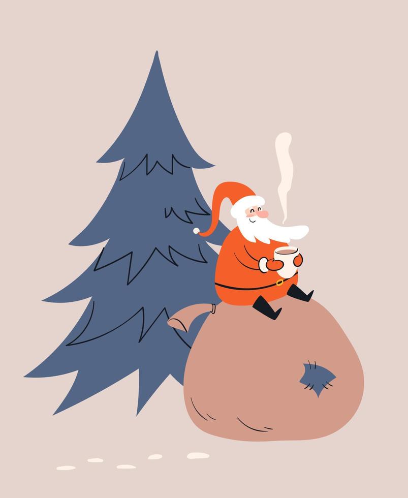 Cartoon santa sits on a huge bag with gifts and drinks a hot drink, hot vapor rises from the mug. Hand-drawn little Santa Claus sits on a sack under a large Christmas tree. Vector stock illustration.