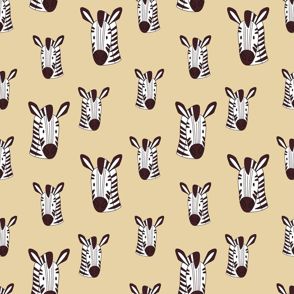 Zebra seamless pattern on a sandy background. Cartoon vector illustration of a zebra head pattern. Wild African animal.