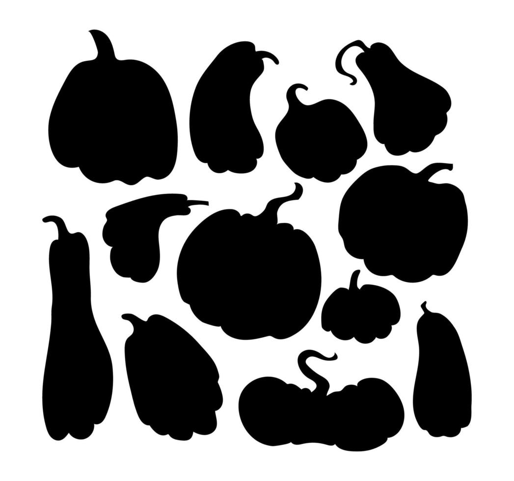 conjunto de calabazas de silueta. clipart negro sobre blanco de calabazas de otoño de diferentes formas y tamaños aisladas en un fondo blanco. ilustración de stock vectorial. vector