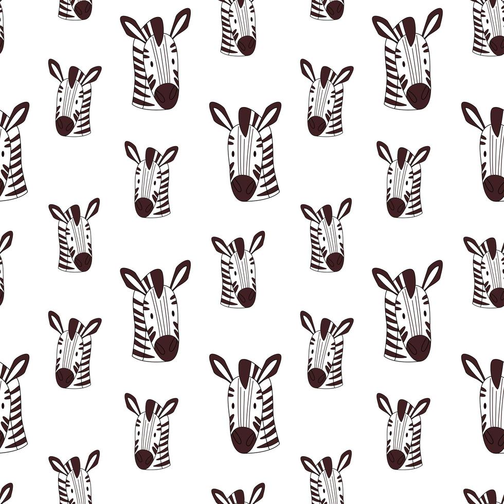 Zebra seamless pattern on a white background. Cartoon vector illustration of a zebra head pattern. Wild African animal.