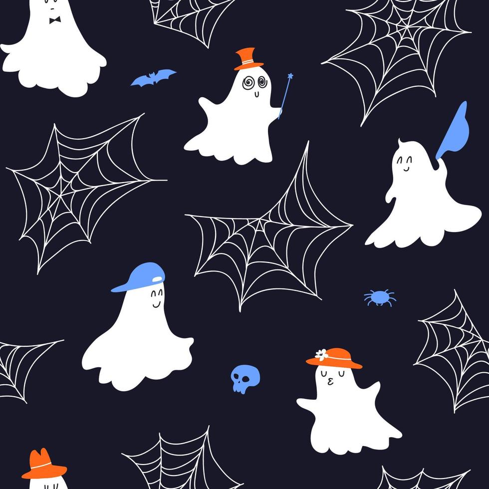 Cute ghost seamless pattern in hats. Cartoon Halloween pattern with gentle ghosts, cobwebs, skull, spider, bat. Vector stock illustration hand-drawn on dark background.