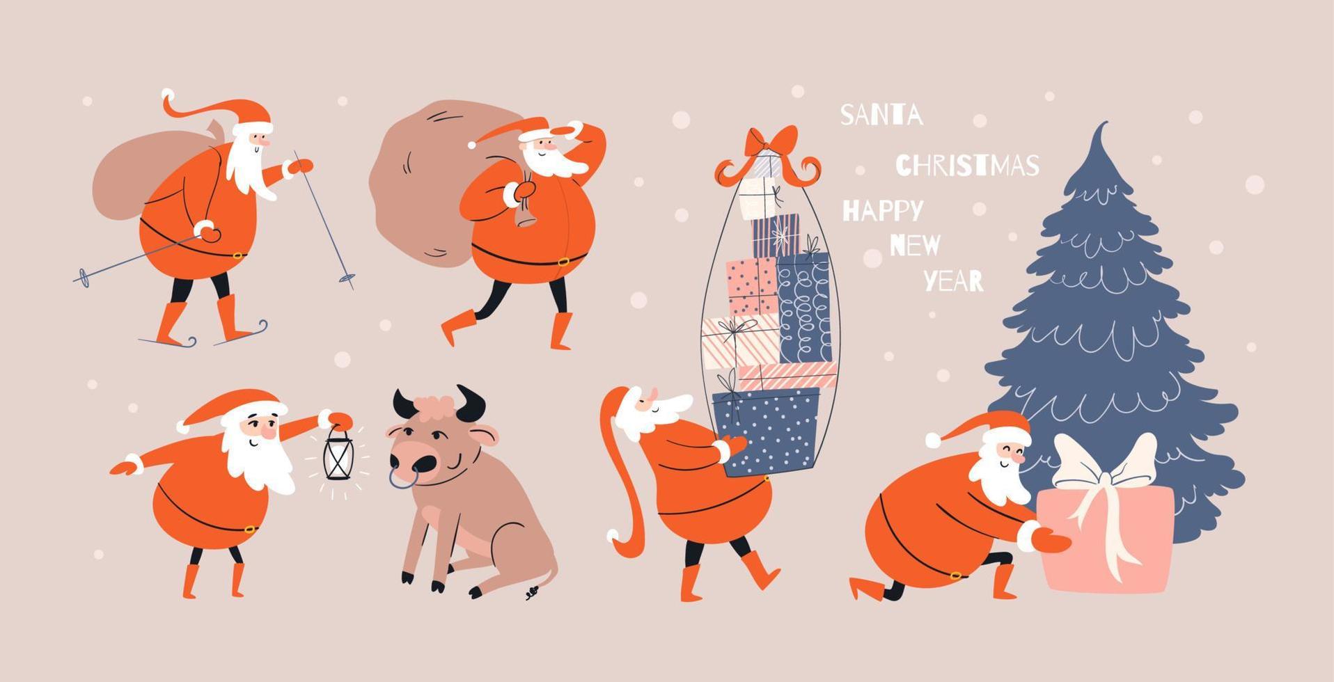 conjunto colorido dibujado a mano de dibujos animados de santa claus. alegres historias navideñas de la vida de santa. conocer a santa con un toro, dar un regalo, esquiar con una bolsa de regalos a la espalda. ilustración de stock vectorial vector