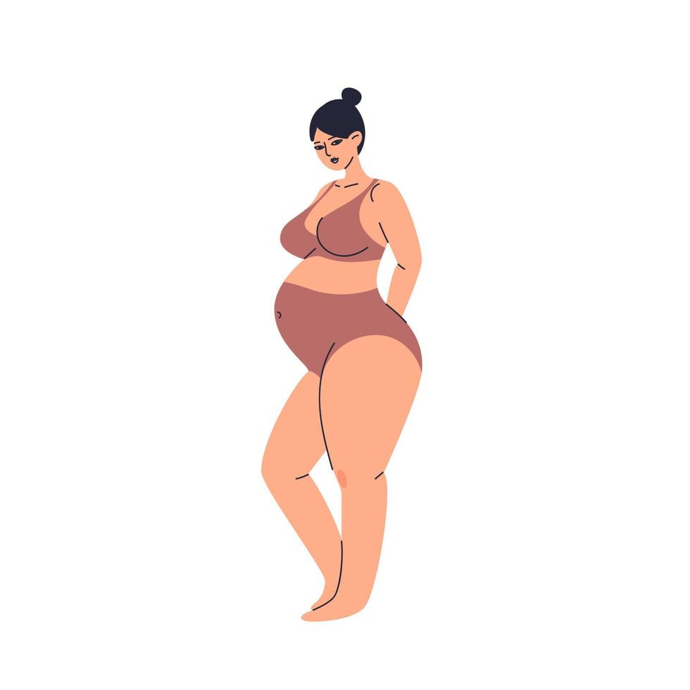 una joven embarazada en lencería. linda chica aislada de pie en bragas de maternidad, con las manos detrás de la espalda. cuerpo femenino durante el embarazo. la expectativa del parto. ilustración de stock vectorial. vector