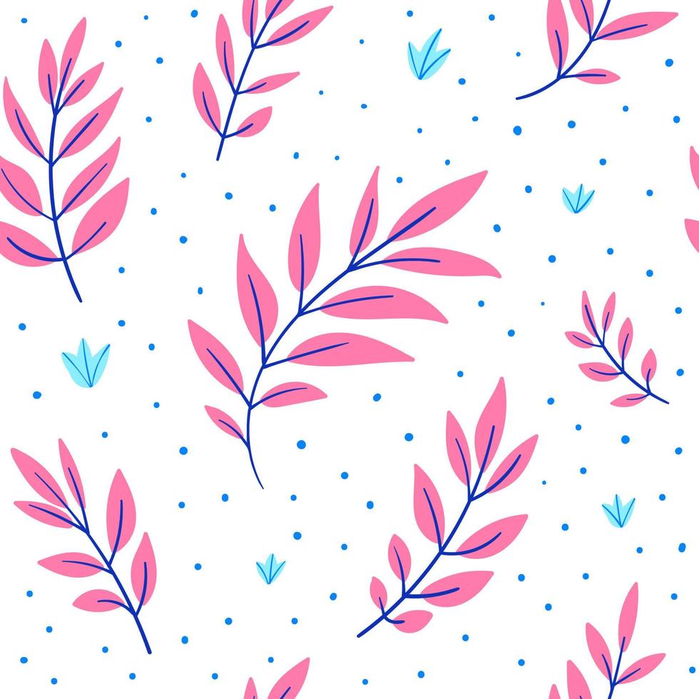 patrón transparente dibujado a mano. abedul pequeño y grandes hojas rosas sobre un fondo blanco con manchas azules. fondo decorativo para textiles, embalajes, estampados. vector