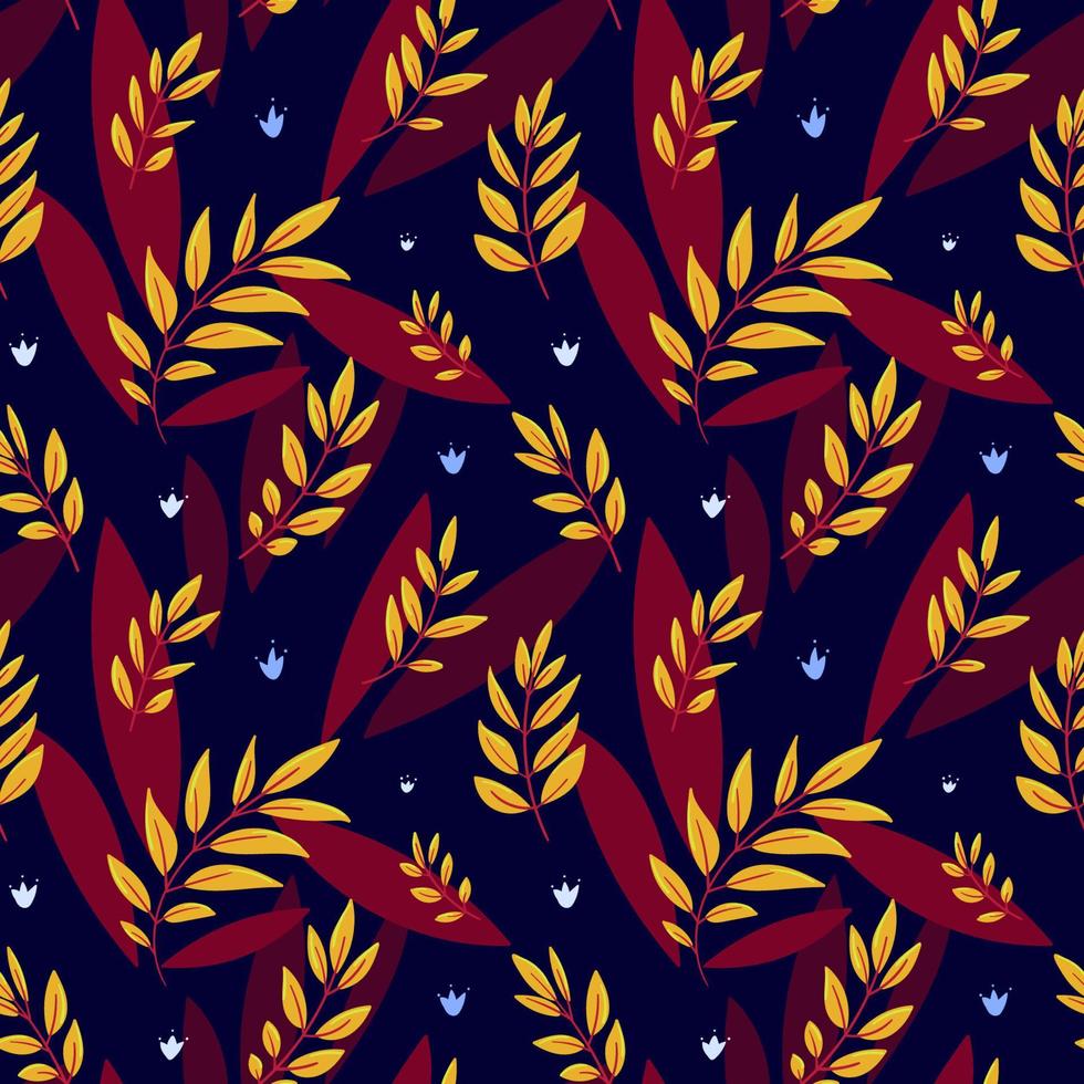 patrón transparente brillante. hojas amarillas y rojas de otoño sobre un fondo azul oscuro. patrón natural dibujado a mano. fondo decorativo para textiles, embalajes, estampados. vector