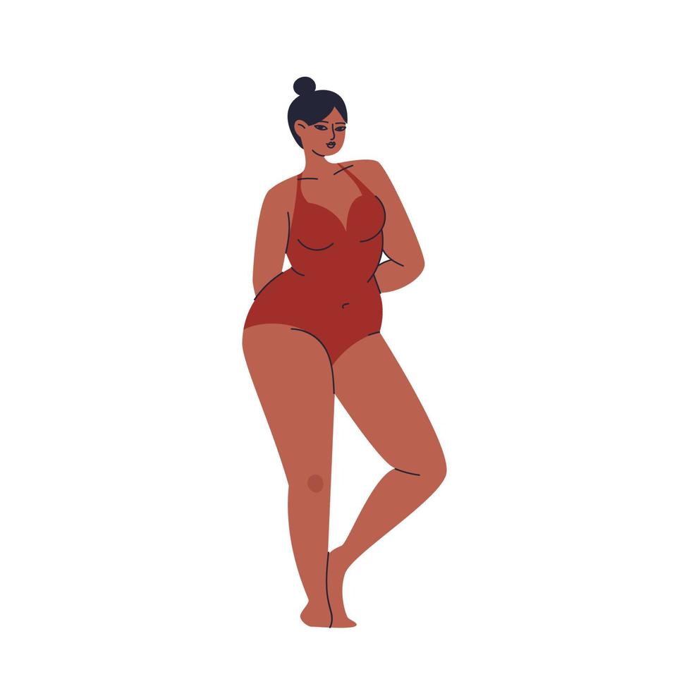 An adult girl in a swimsuit. A young woman stands modestly in trendy underwear. Brunette body positivity in cartoon style. The Vector stock illustration isolated.