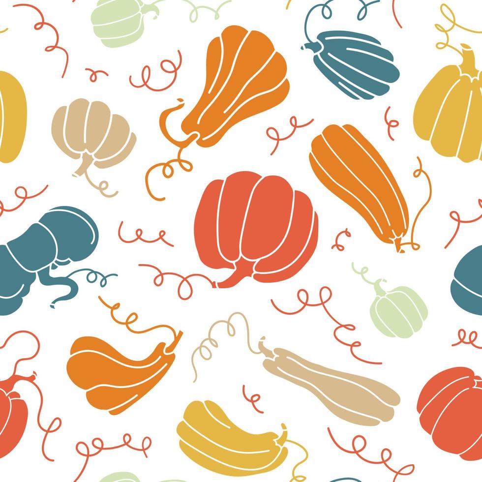 Pumpkin seamless pattern. Cute cartoon orange, green, yellow pumpkins with tails on a white background. Hand drawn vector stock isolated illustration. Autumn food texture.