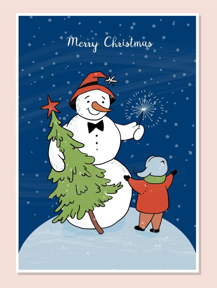 A hand-drawn snowman in a bow tie holds a sparkler and a Christmas tree with a star in his hand, looks at a joyful child who is ready to hug. Night vector stock illustration in blue and red colors.