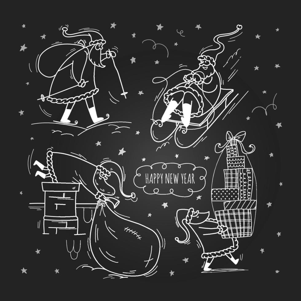 Doodle Santa set stories. Cheerful Santa Clauses are having fun. White outline on a black chalkboard. Vector stock illustration isolated with the inscription Happy New Year.