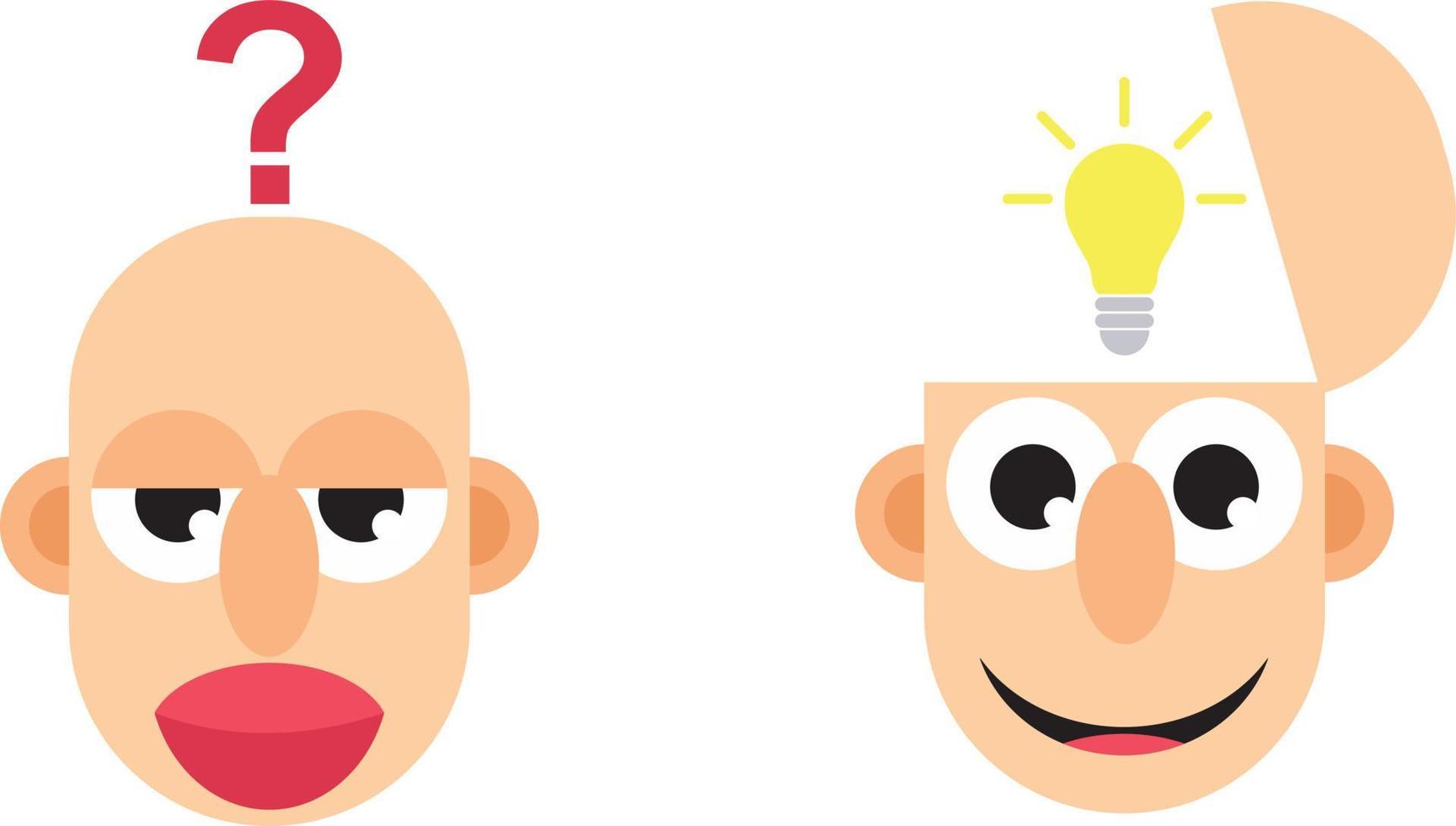 An Idea, Knowledge Design Concept Illustration of an Idea Bulb being Inserted into an open Head of a Cartoon Flat Art Character. Before and after Acquiring Knowledge, an Idea Illustration vector