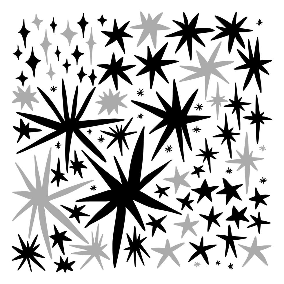 A large collection of star spots of different sizes and different shapes. Shining stars set in black and gray colors. Vector stock illustration isolated on white background.