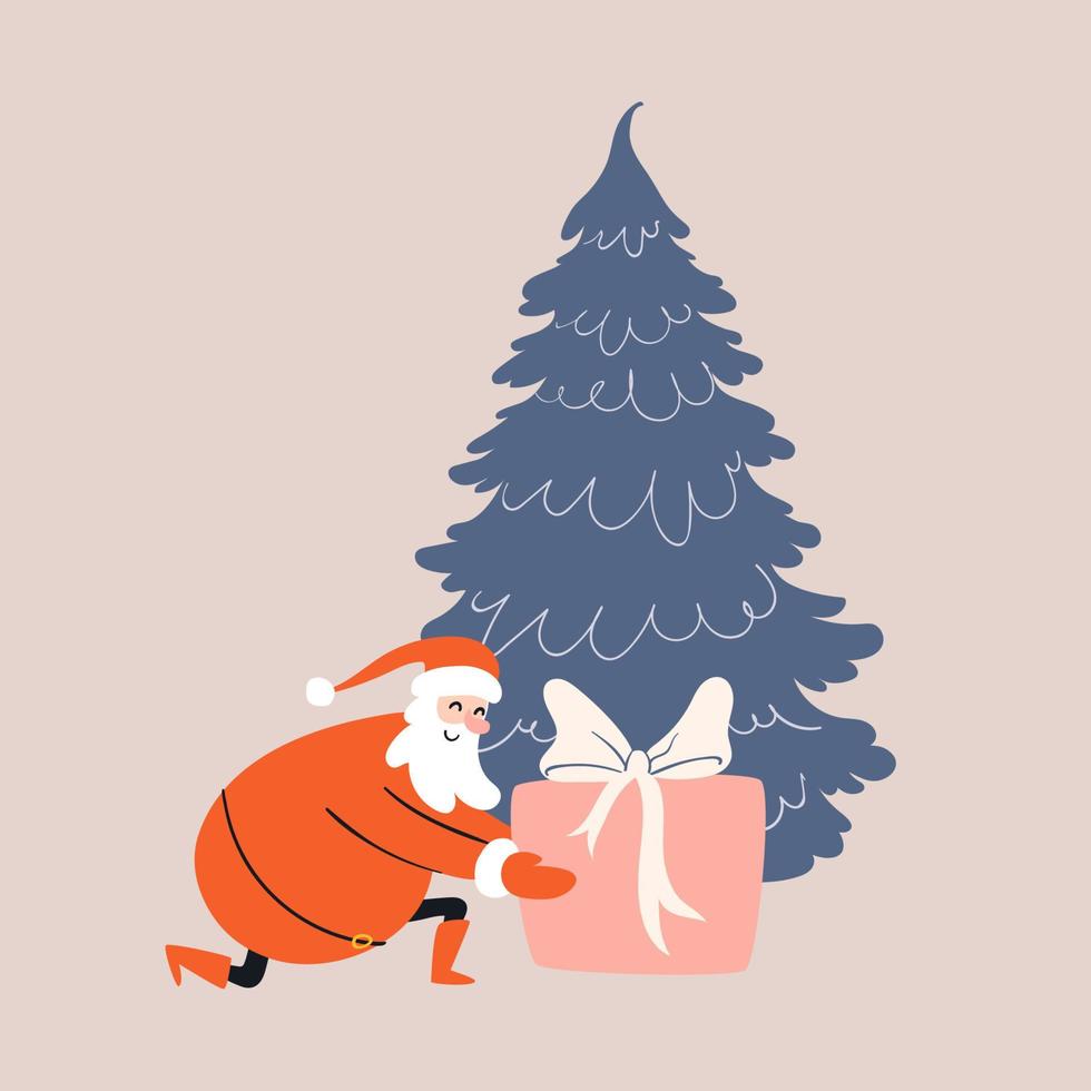 Cartoon Santa Claus carefully places a large gift under the Christmas tree. Smiling Santa knelt down to arrange gifts in the house. Hand-drawn colorful doodle story. Vector stock isolated illustration