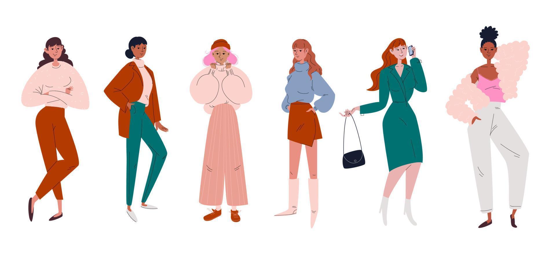 Set of stylish young women in flat and doodle style. Women are dressed in trendy modern clothes. Girls from different nations stand in a variety of poses. Hand drawn colorful vector stock illustration