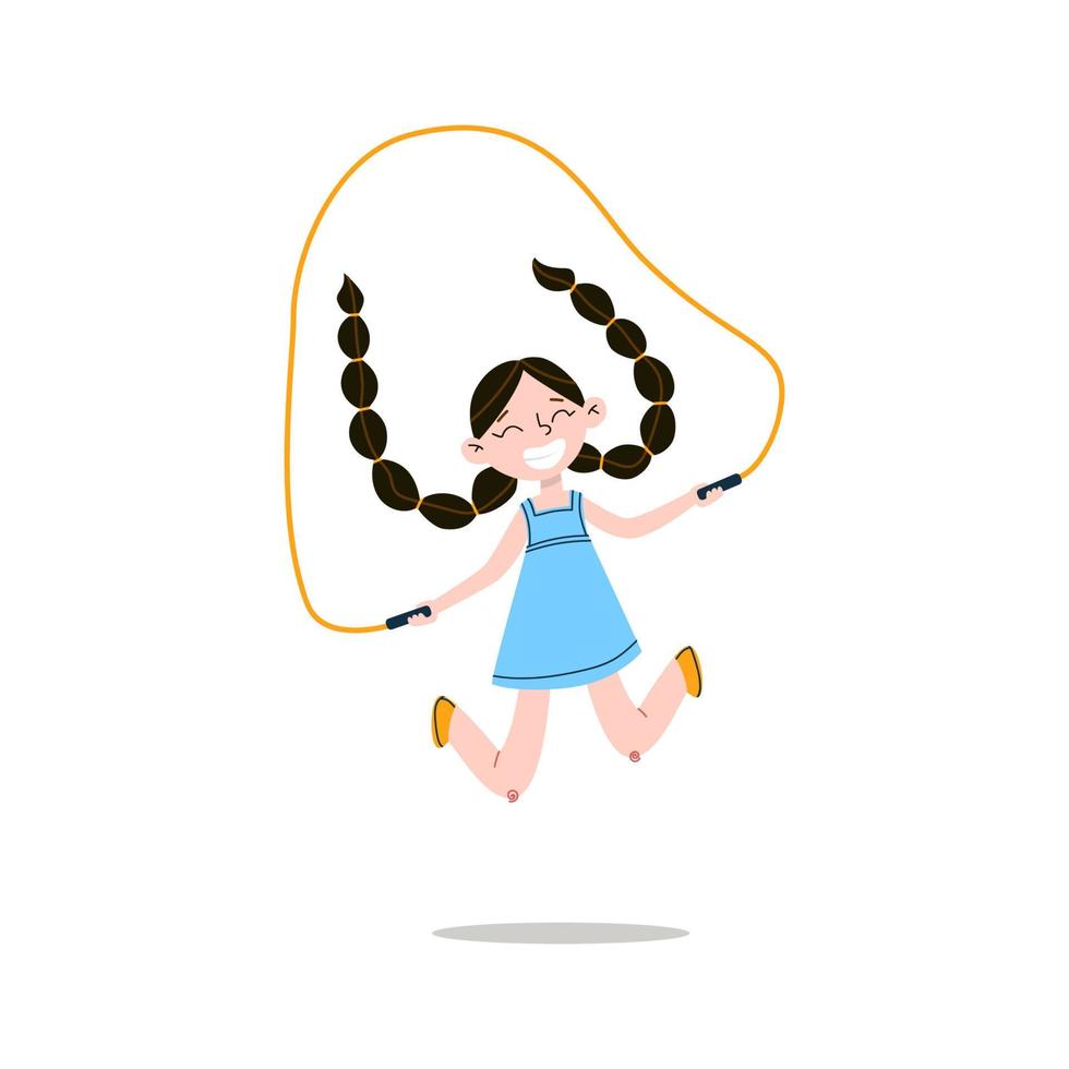 Happy smiling girl with long black pigtails in a blue dress and yellow shoes is jumping rope. Cartoon cute girl jumping laughs. Vector stock illustration.