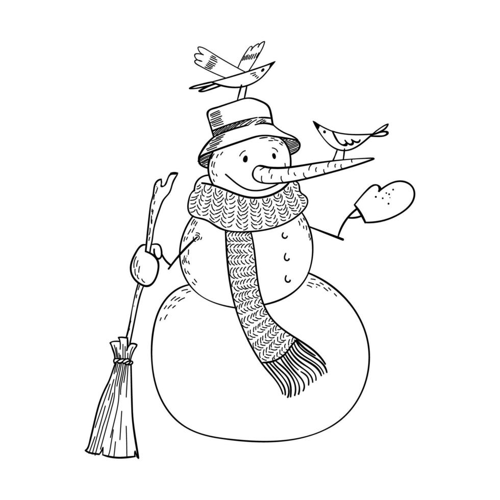 A cute doodle snowman with a broom in his hand feeds the birds. Hand-drawn snowman in a knitted scarf and hat with a long carrot. Vector stock illustration isolated on white background.
