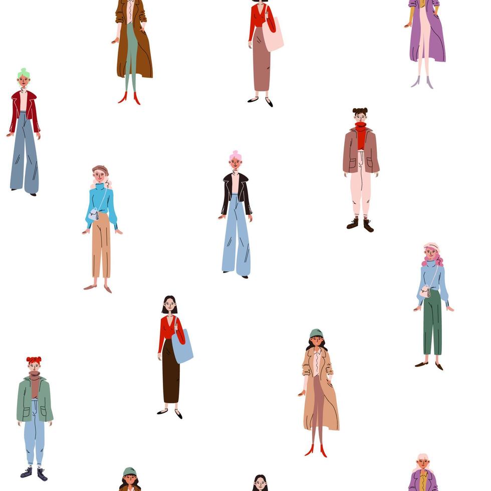 Seamless background with young women. Female group of figures of various girls in casual fashionable clothes on a white background. Tile vector stock colorful illustration in cartoon style.