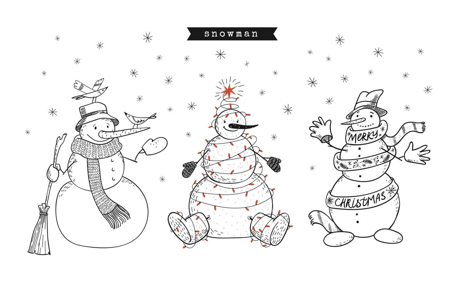 Hand drawn doodle set of snowmen. Winter holidays. Decorated snowmen stand under the snow in a scarf and garland. Stylized birds are sitting on the hat. Merry Xmas. Vector stock isolated illustration