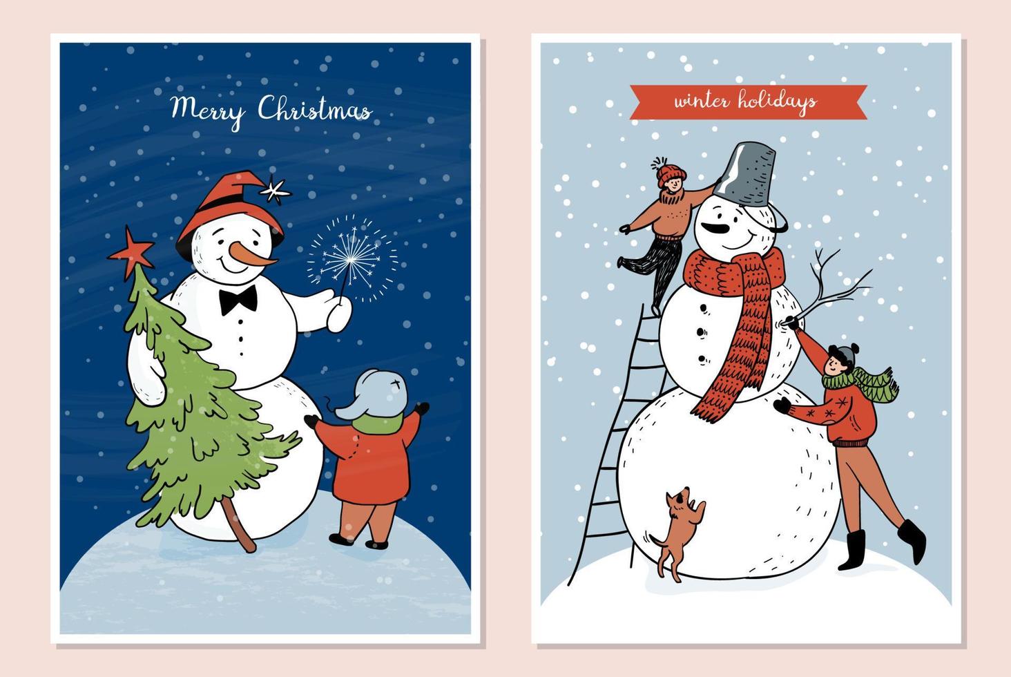 Hand-drawn colorful set of doodle postcards with kids. Family weekend in nature, making a big snowman outside, child hugging a snowman with a sparkler and a Christmas tree. Vector stock illustration