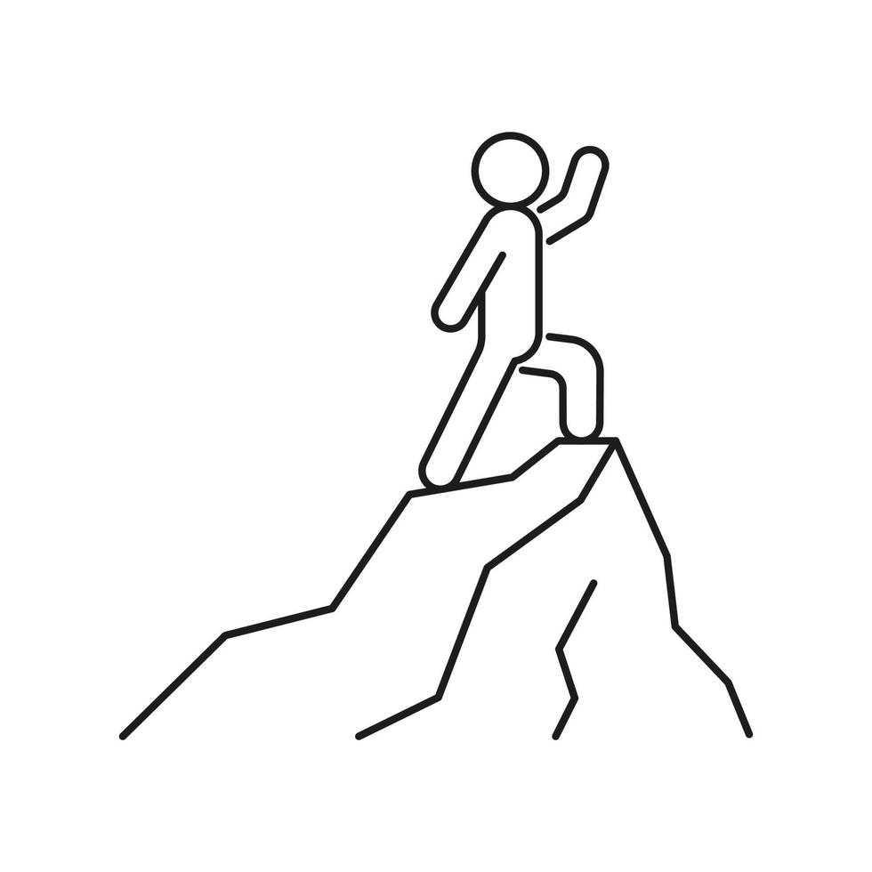 logro hombre de éxito en la cima de la montaña, carrera, futuro de la visión, objetivo de captura, icono de línea. conquista de la cima de la montaña, escalada en roca. planes para el éxito, motivación. ilustración vectorial vector