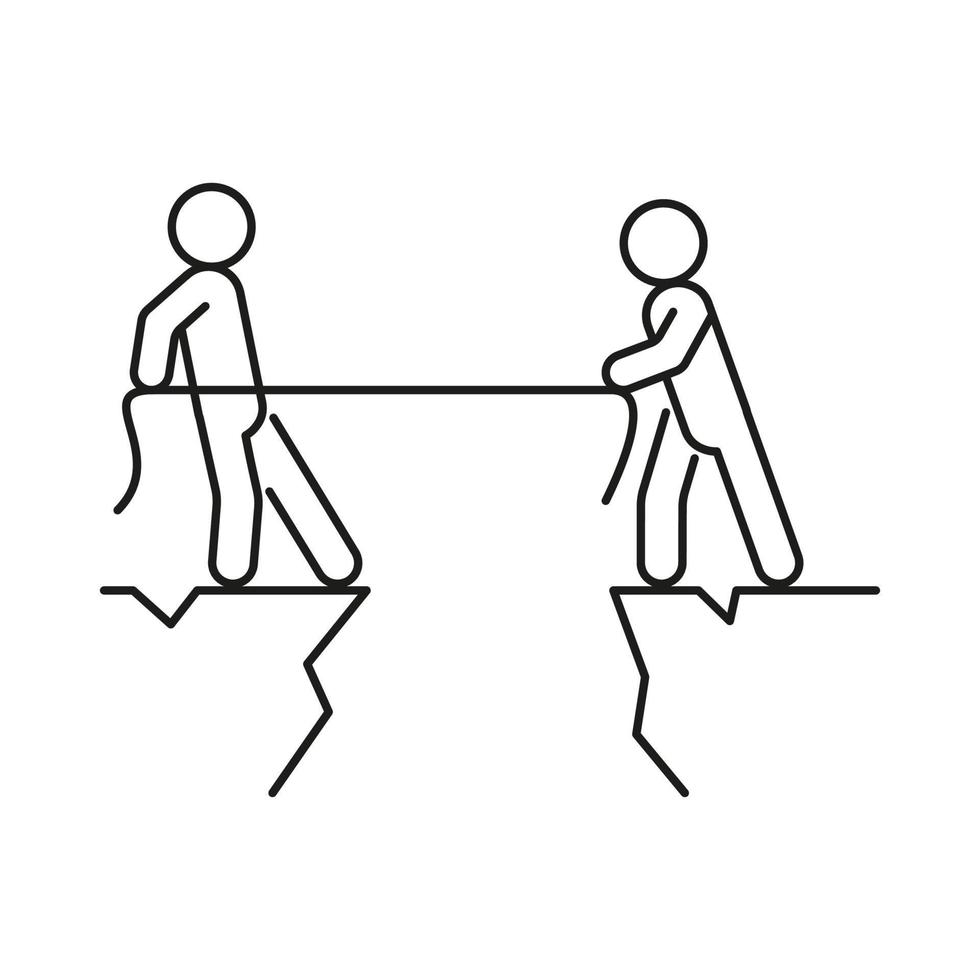 Tug of war, pull with power in their own interests, person conflict and fight. Two people on different rocks with common rope. Cliff of mountain. Vector illustration