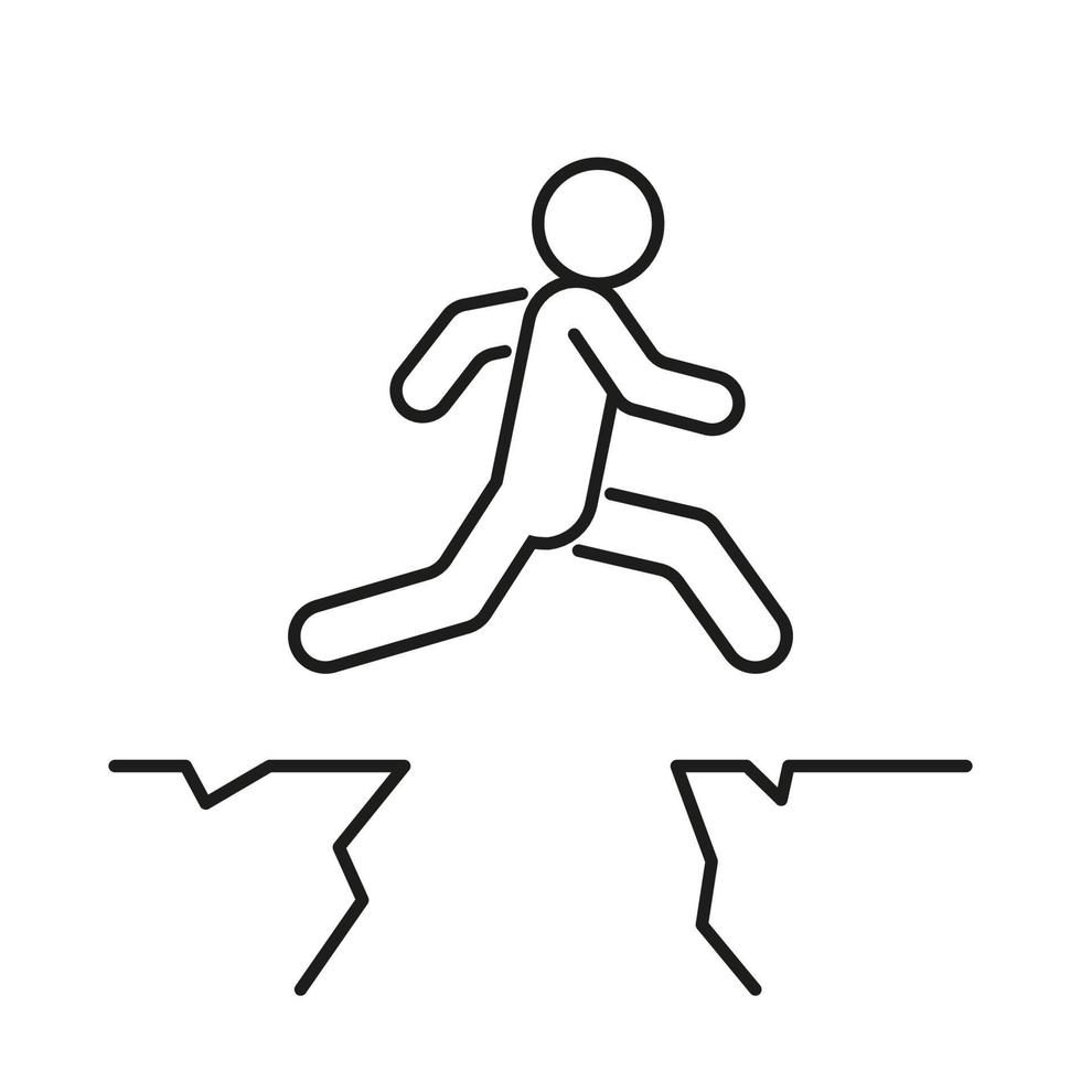 Running with obstacle over cliffs, courage in jump through gap between hill, line icon. Run man. Movement and achievement. Business risk and success concept. Athletics, sport. Vector illustration