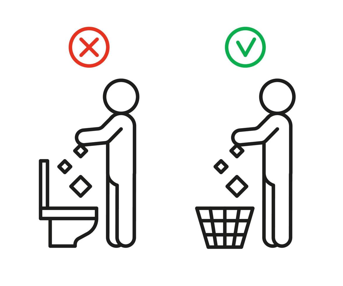 Rule take out rubbish in basket but not in toilet pan, prohibition warning sign. Do not throw garbage in toilet. Can throw rubbish into trash can. Problem of planet pollution, clean. Vector