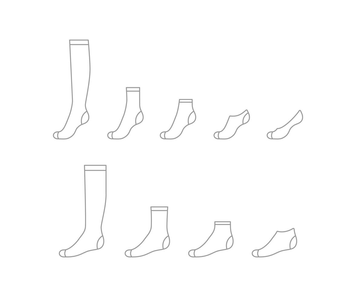 Set sock for man and woman from long to short, outline template. Sport and regular sock. Technical mockup clothes side view. Vector contour illustration