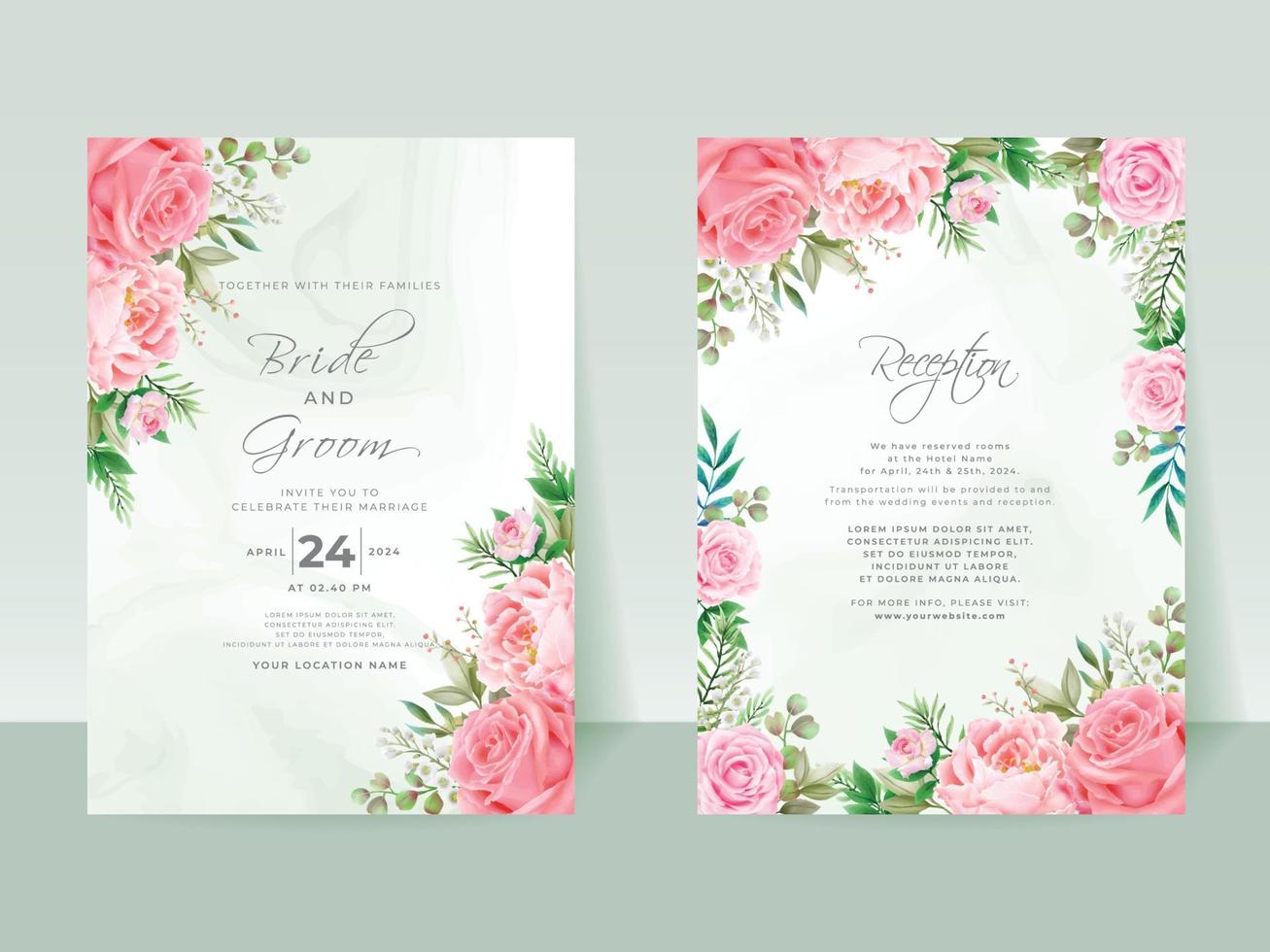 Pink Roses wedding invitation card set vector