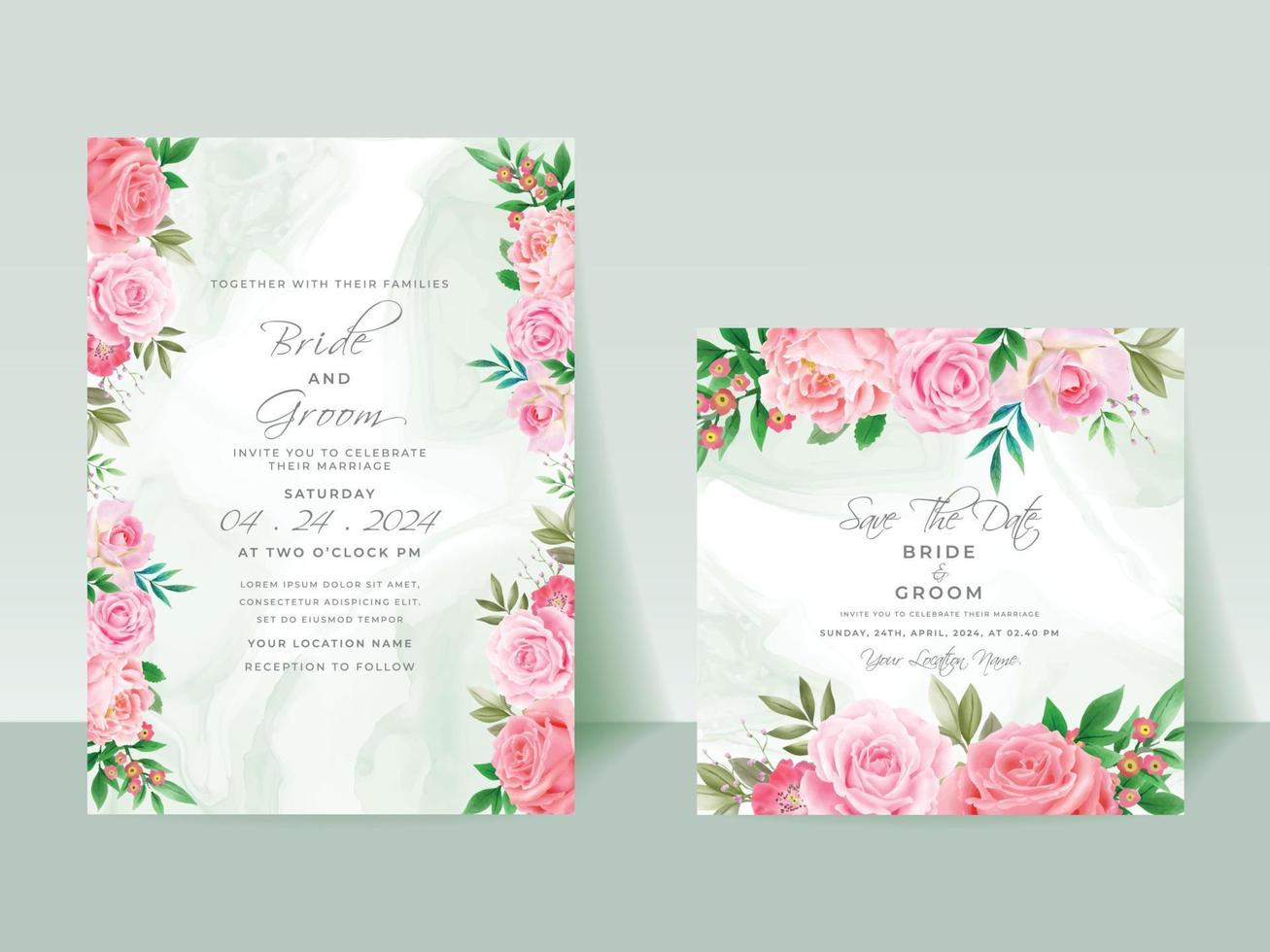 conjunto de tarjeta de invitación de boda de rosas rosadas vector