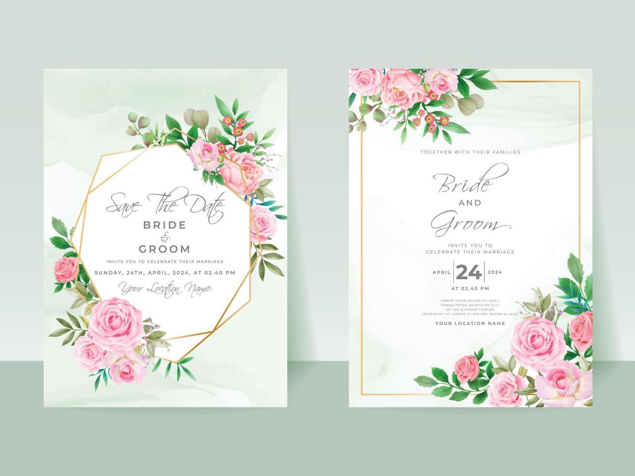 Pink Roses wedding invitation card set vector