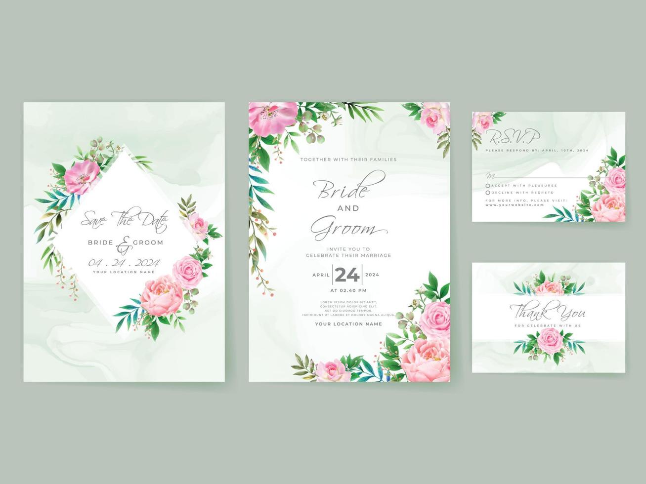 Pink Roses wedding invitation card set vector