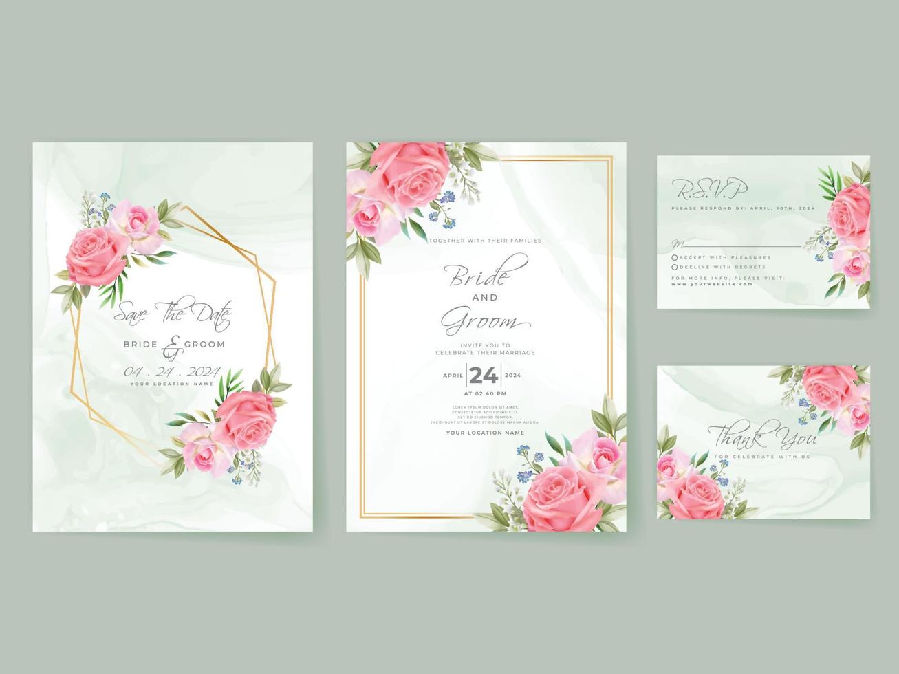 conjunto de tarjeta de invitación de boda de rosas rosadas vector