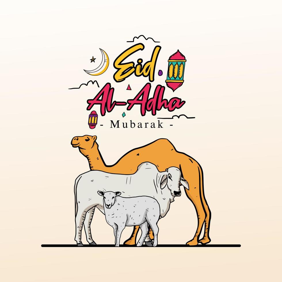 Design Vector Illustration Eid Adha Mubarak with Sketch Style complete with animal Illustration. Suitable for greeting card, poster and banner.