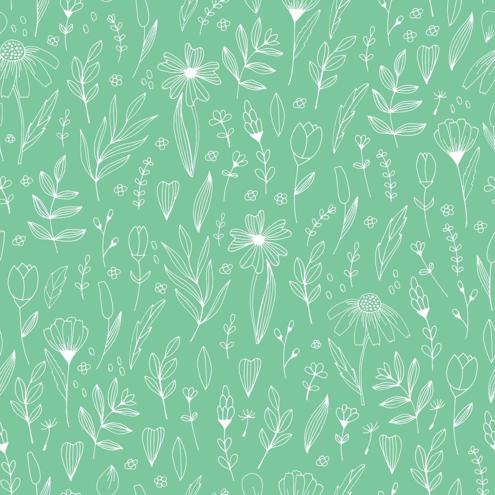 Vector surface design. Colored seamless pattern with doodle flowers. Nature eco concept. Petals, stems, leaves. Hand drawn background. For printing on fabric and paper. Backdrop for cards invitations.