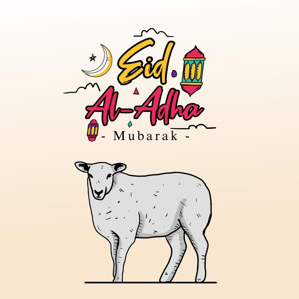 Design Vector Illustration Eid Adha Mubarak with Sketch Style complete with animal Illustration. Suitable for greeting card, poster and banner.