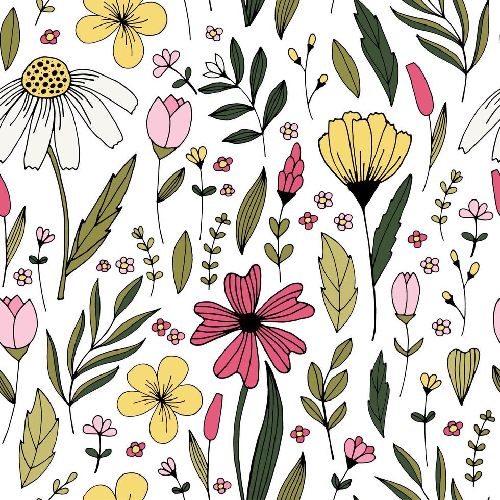 Vector surface design. Colored seamless pattern with doodle flowers. Nature eco concept. Petals, stems, leaves. Hand drawn background. For printing on fabric and paper. Backdrop for cards invitations.