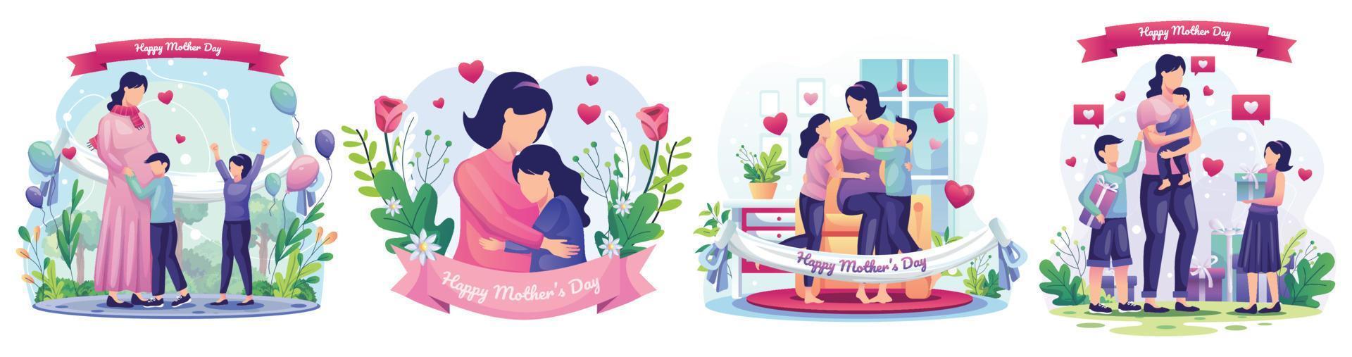 Set of Mother's Day concept with Children celebrate mother's day with their mother at home. Mother and her daughter are hugging. Flat style vector illustration