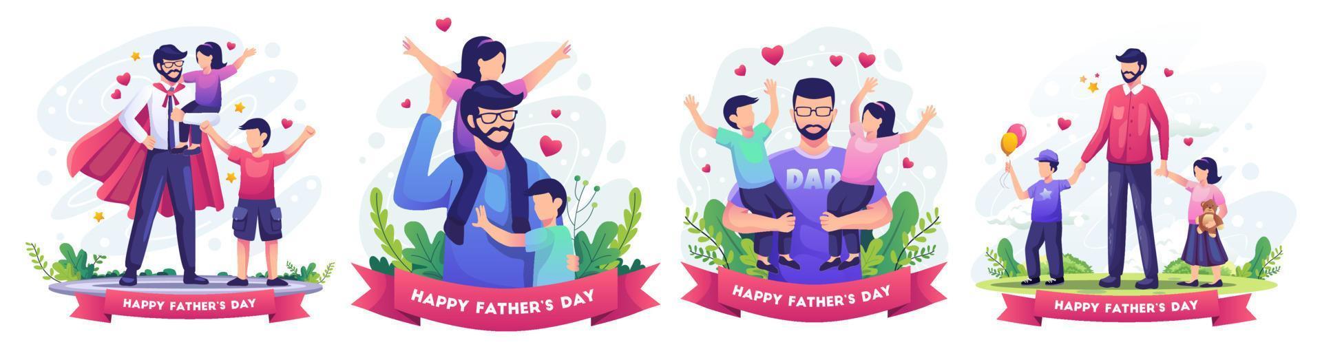 Set of  Happy Father's day with Father playing with his childrens. Father as super hero. Flat style vector illustration