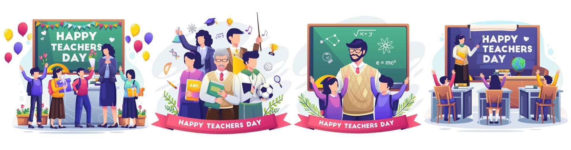 conjunto de feliz día del maestro con el maestro y los estudiantes celebra el día del maestro. ilustración vectorial de estilo plano vector