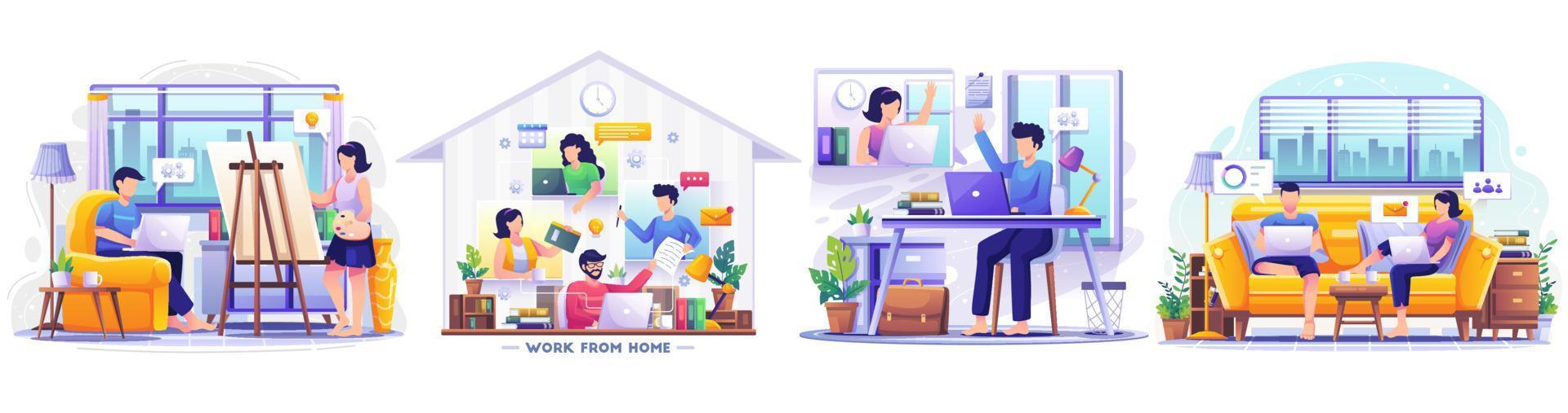 Set of Work From Home concept. people remote working on laptop scene. self quarantine during pandemic. Flat style vector illustration