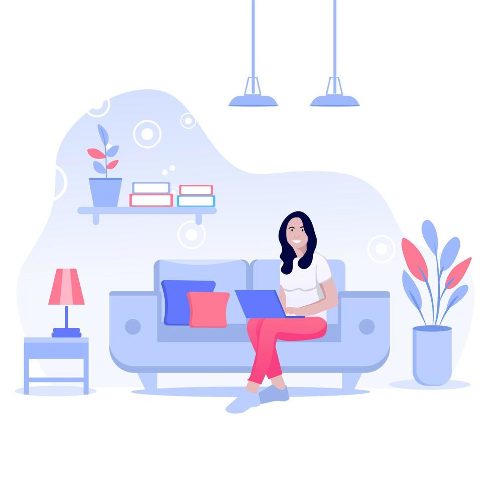 Work at home concept design. Freelance woman working on laptop at her house, dressed in home clothes. Vector illustration isolated on white background. Online study, education.