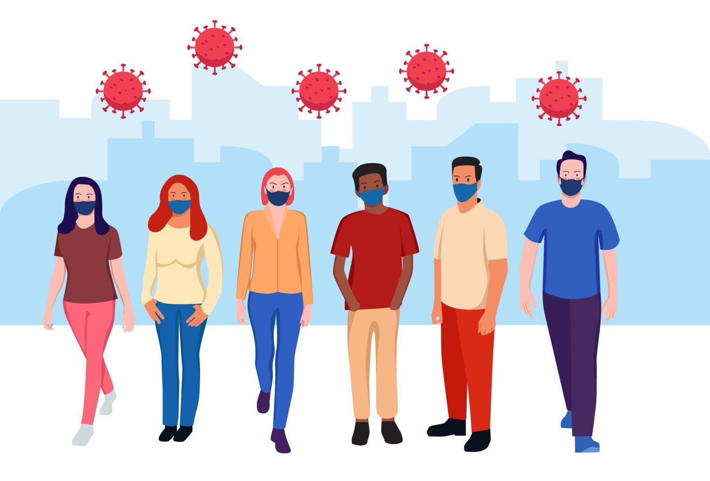 People in protective medical face masks. Men and women wearing protection from virus, urban air pollution, smog, vapor, pollutant gas emission. Vector illustration.