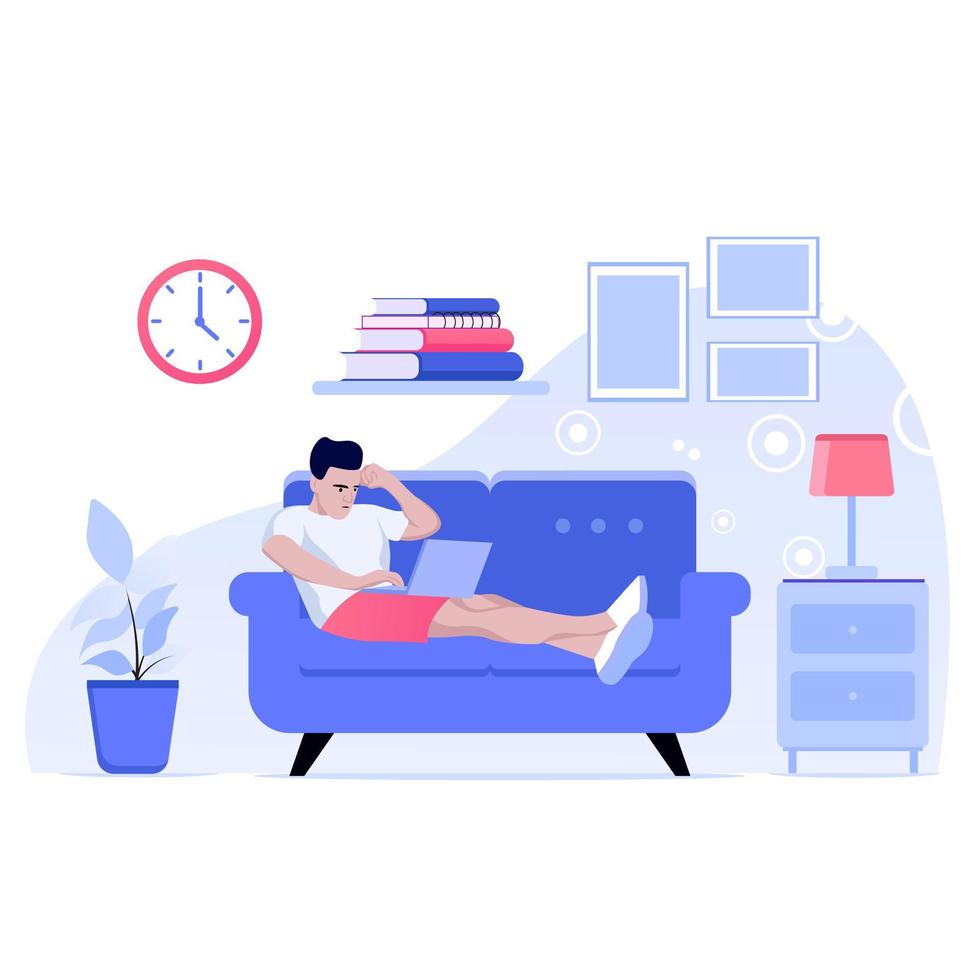 Working at home illustration concept. Young people working on laptops at home vector