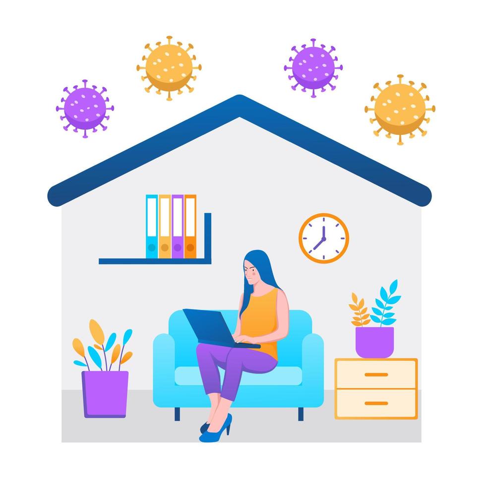 Freelance woman working on laptop . Work From Home Illustration Concept vector
