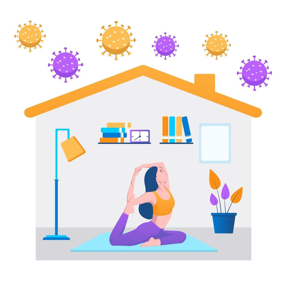 Stay at Home Illustration Concept. Girl Character doing yoga. self isolation during covid-19 pandemic. vector