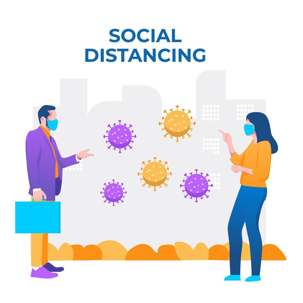 distanciamiento social, mantener la distancia en la sociedad pública para protegerse del concepto de propagación del brote de coronavirus covid-19, el hombre de negocios y la mujer se mantienen alejados en la reunión con el patógeno del virus vector