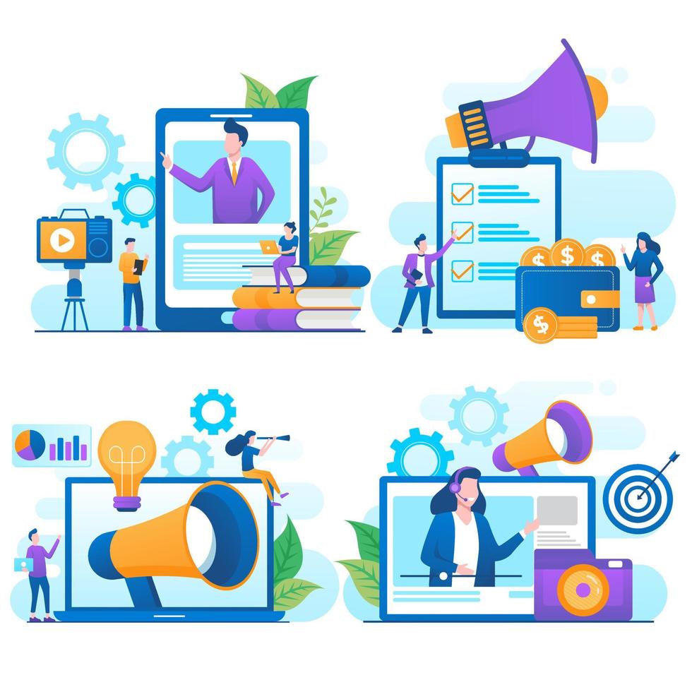 Business Marketing Illustrations bundle. Collection of scenes with men and women taking part in business activities. Trendy vector style