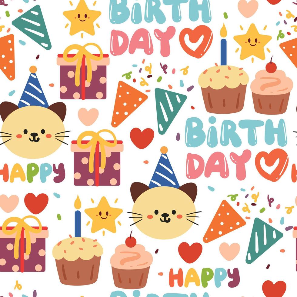 doodle de cumpleaños de dibujos animados de dibujo a mano de patrones sin fisuras. para papel pintado infantil, estampado de tela, textil, papel de regalo vector