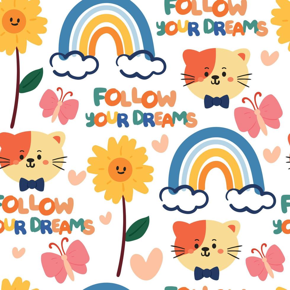 seamless pattern hand drawing cartoon cat and flower. for kids wallpaper, fabric print, textile, gift wrapping paper vector